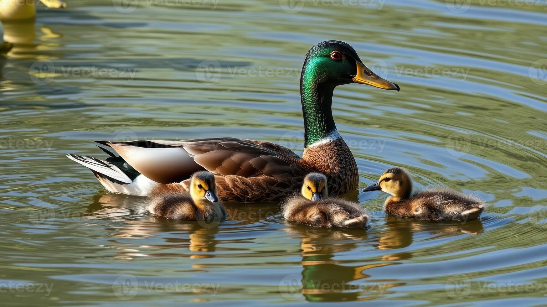 Mallard duck and her ducklings swimming in a tranquil pond during a sunny day in spring photo