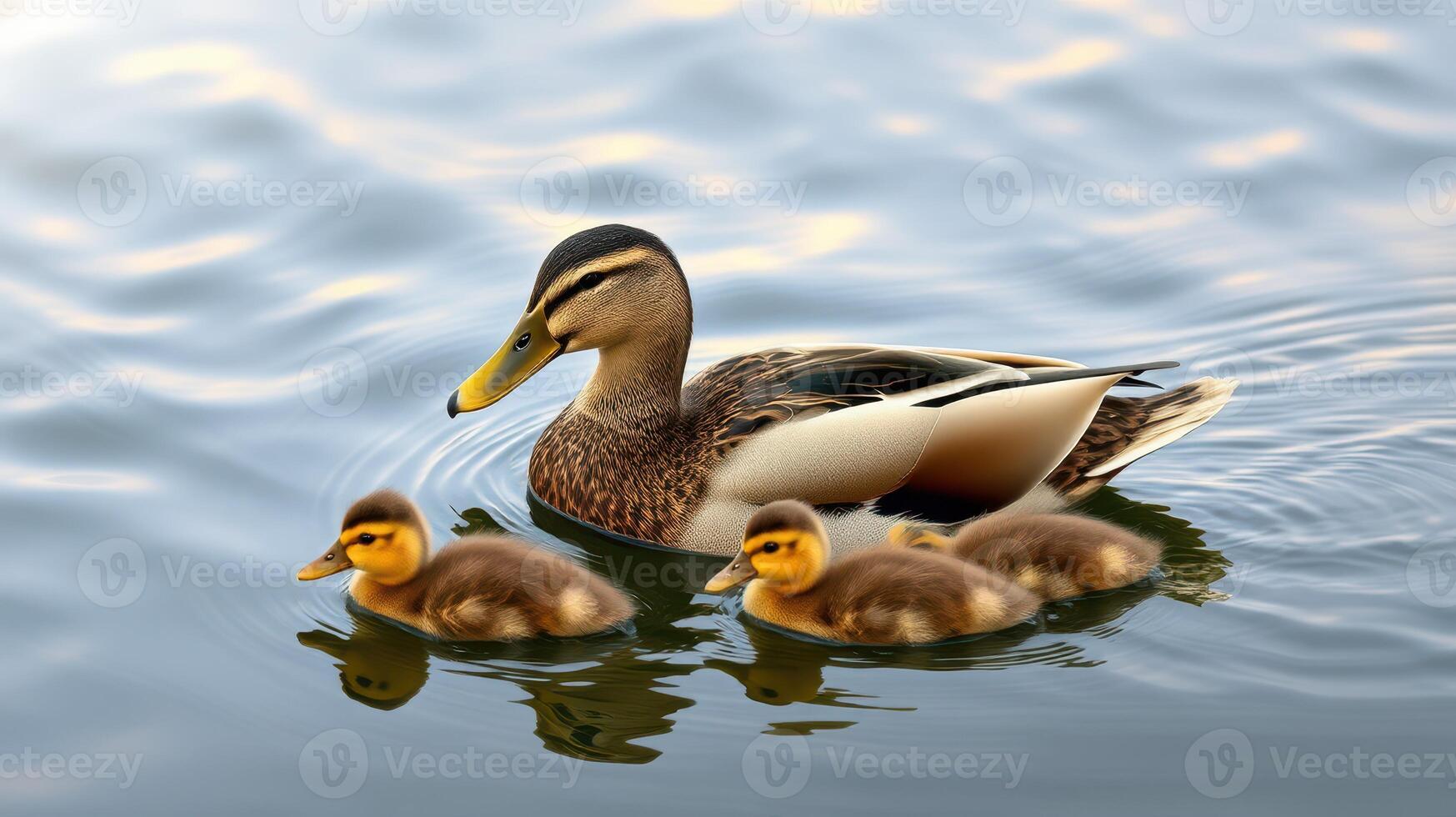 Mallard mother swims with ducklings on serene lake during a sunny morning photo