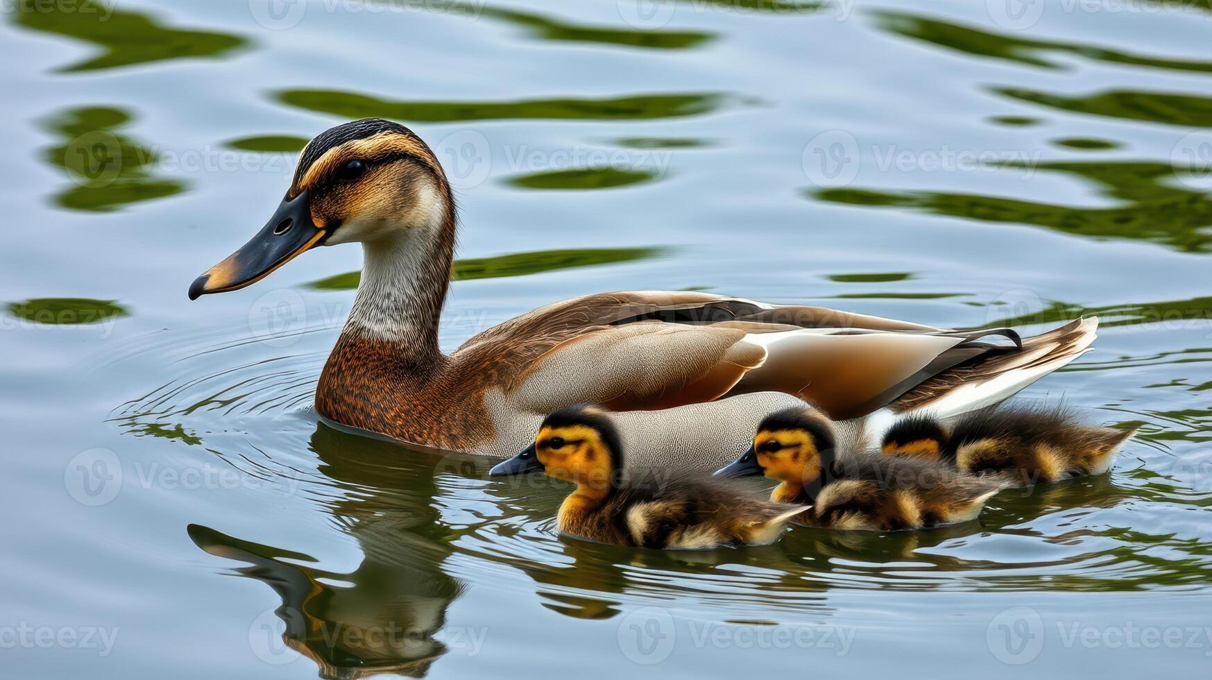 Mother duck swims with her ducklings in a serene pond during sunny spring afternoon photo