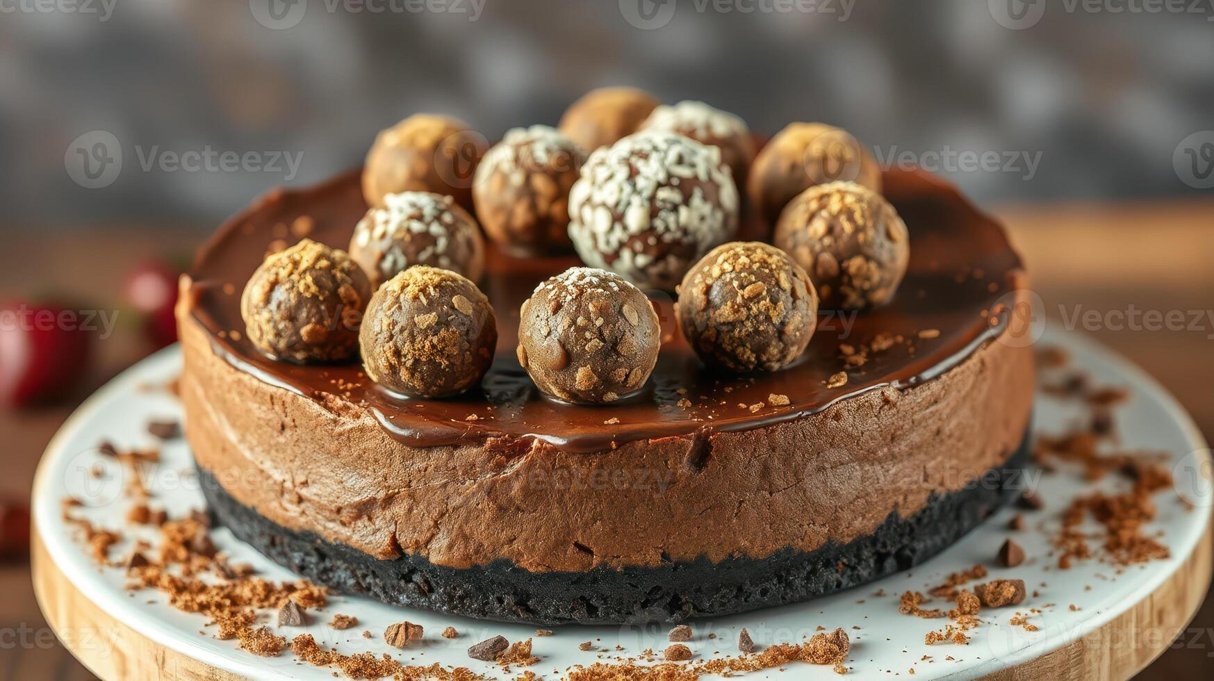 Indulgent chocolate cheesecake topped with cocoa truffles on a rustic wooden table photo