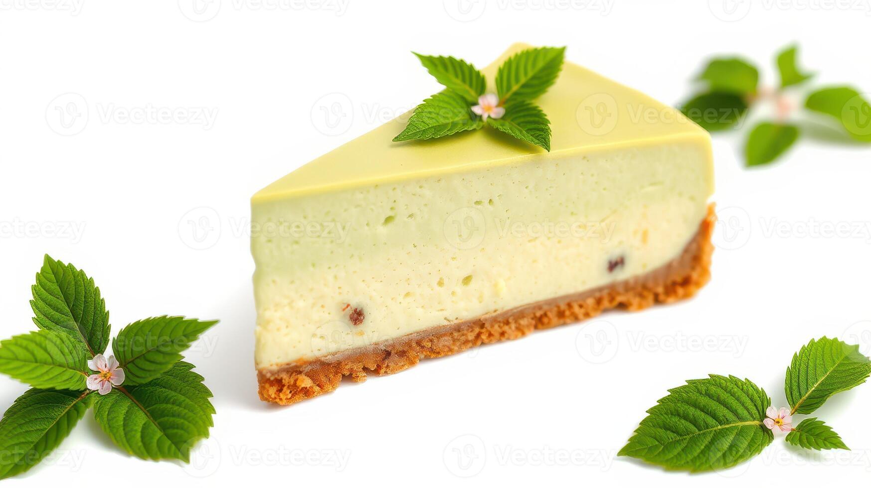 Delicious leaf-flavored cheesecake slice presented with mint leaves and a crumbly crust photo