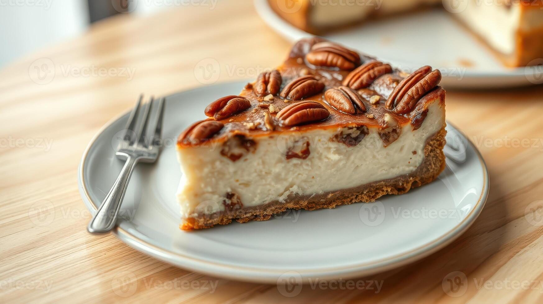 Pecan cheesecake slice served on a light wooden table with fork beside it photo