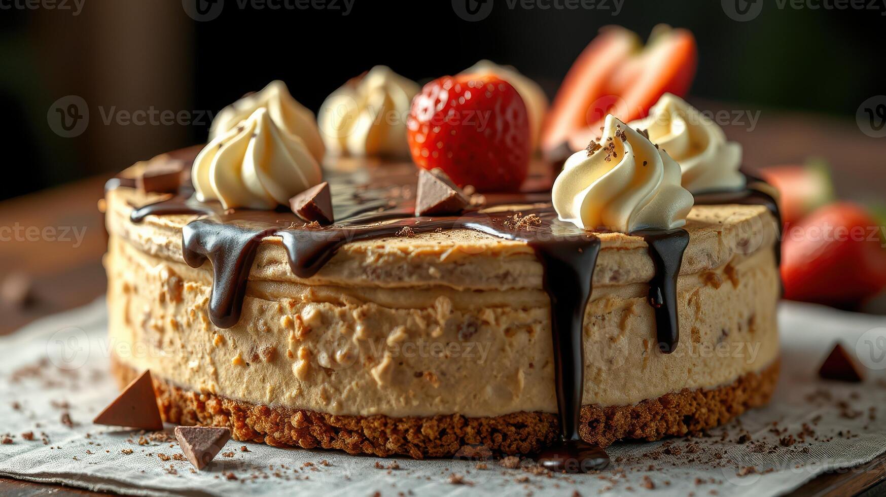 Delicious chocolate and strawberry cheesecake topped with whipped cream, displayed on a rustic wooden table photo