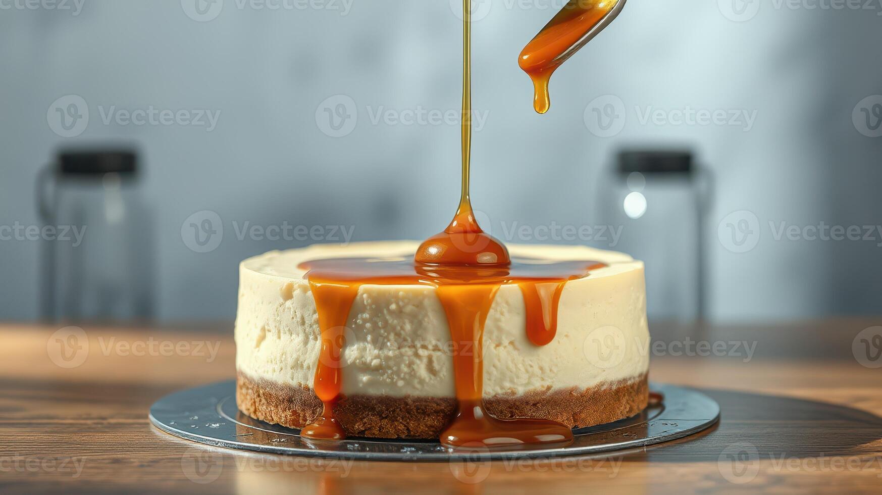 Creamy cheesecake topped with rich caramel sauce in a cozy setting photo