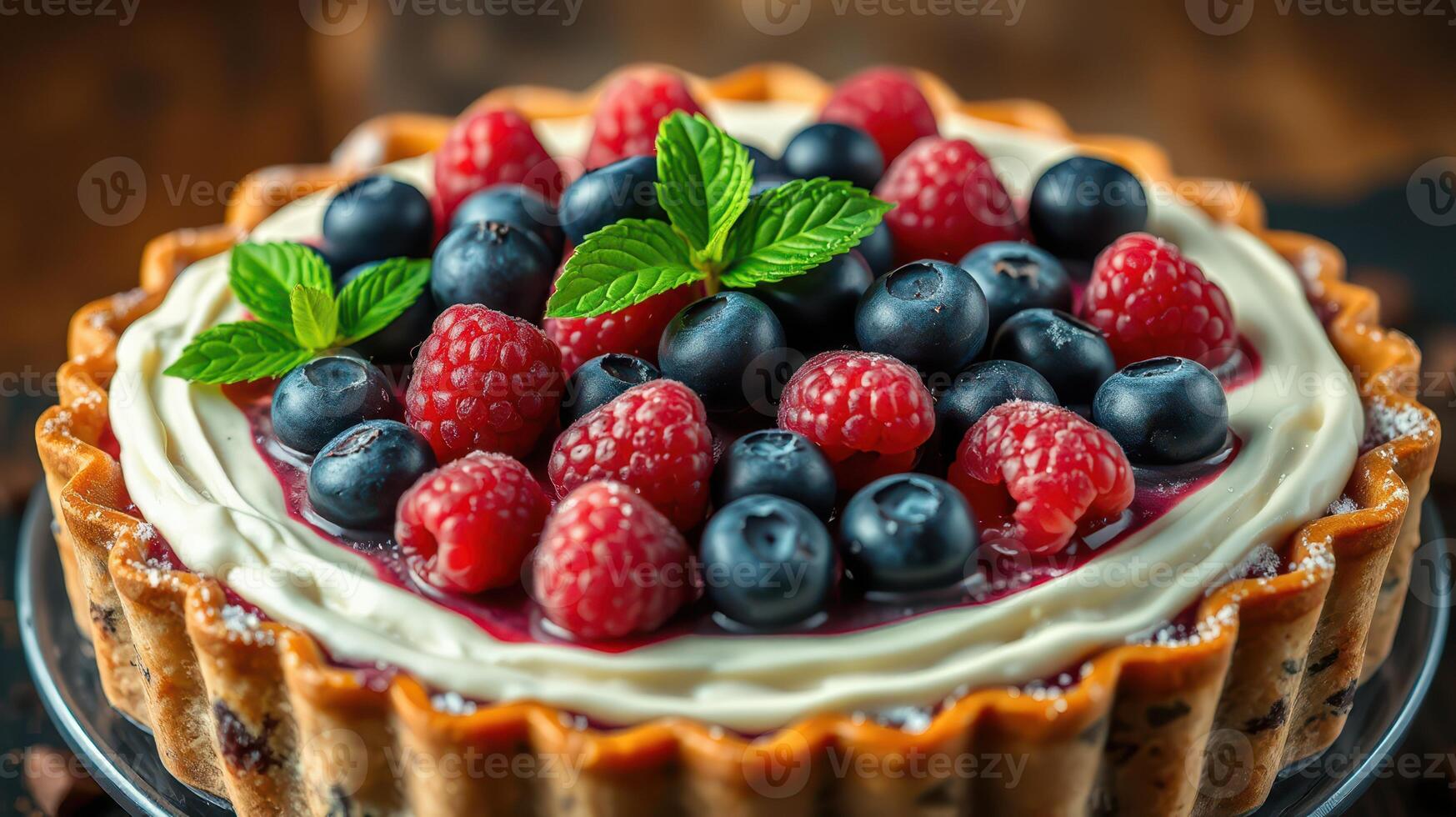 Fresh berry tart topped with blueberries and raspberries on a wooden table showcasing natural textures and colors photo