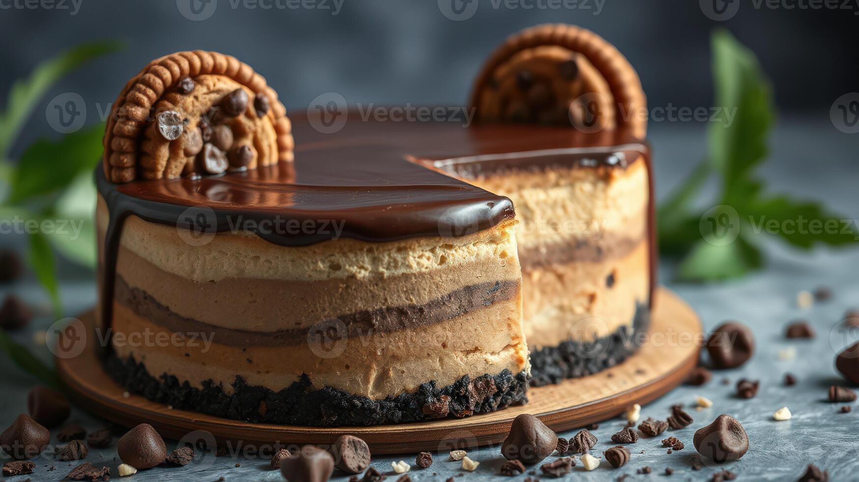 Chocolate mousse cake garnished with cookies and chocolate chips on a wooden board photo
