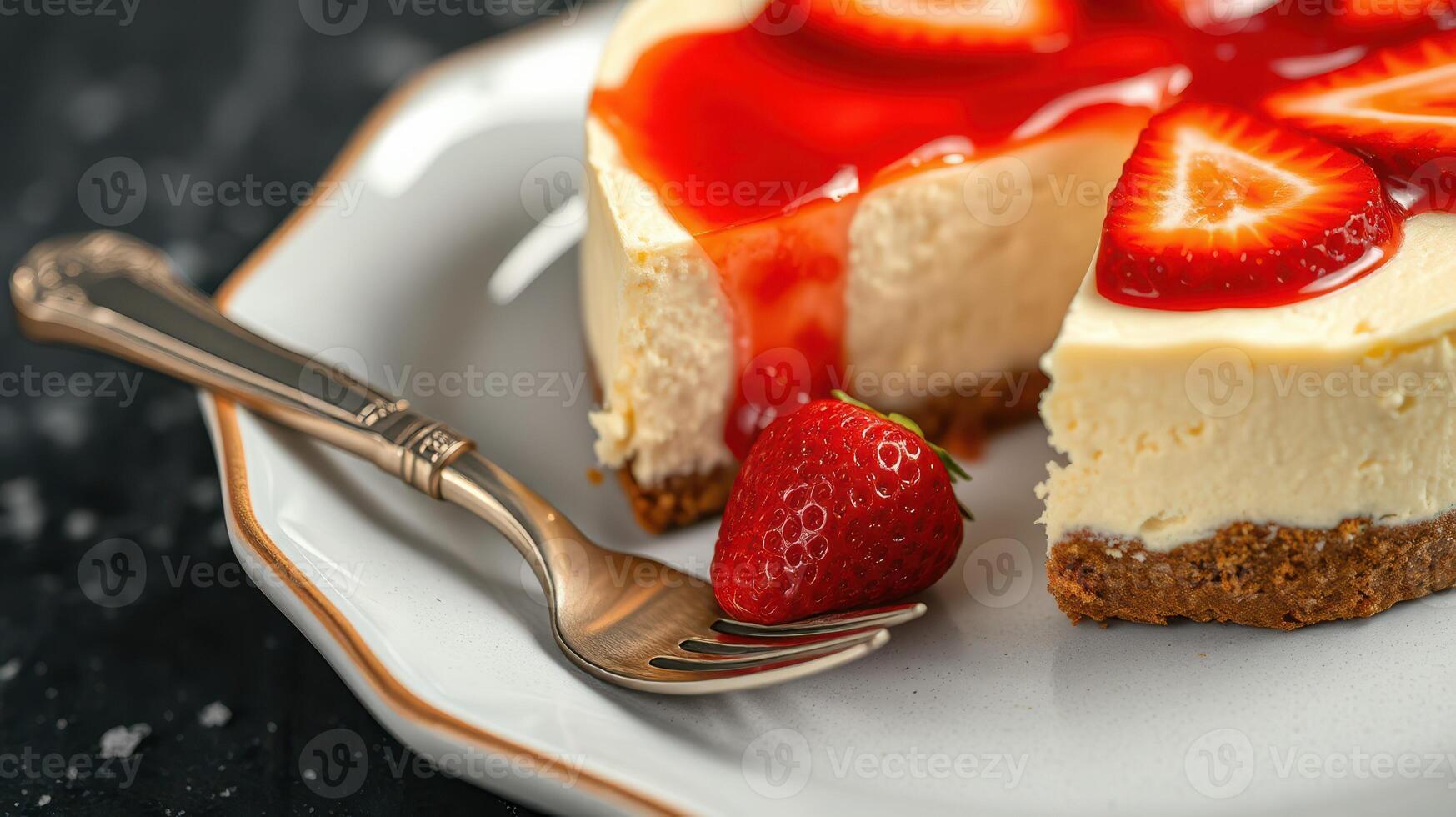 Delicious cheesecake with strawberry topping served on a white plate with a fork on a dark countertop photo