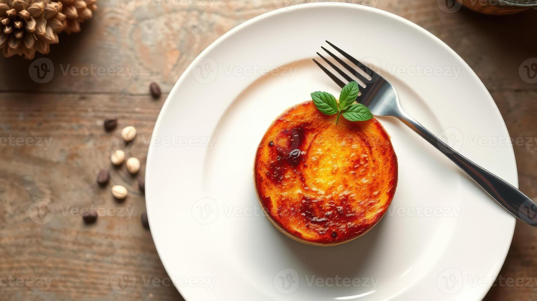 Delicious dessert served on a white plate with a fork on a rustic wooden table surrounded by natural elements photo