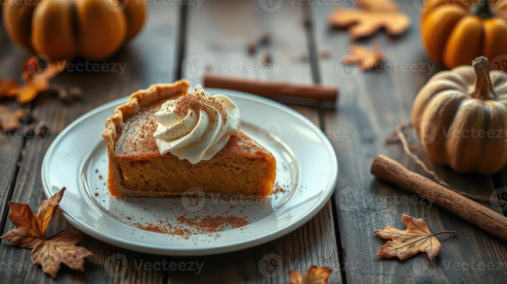 Pumpkin pie with whipped cream and autumn decorations on a rustic wooden table photo