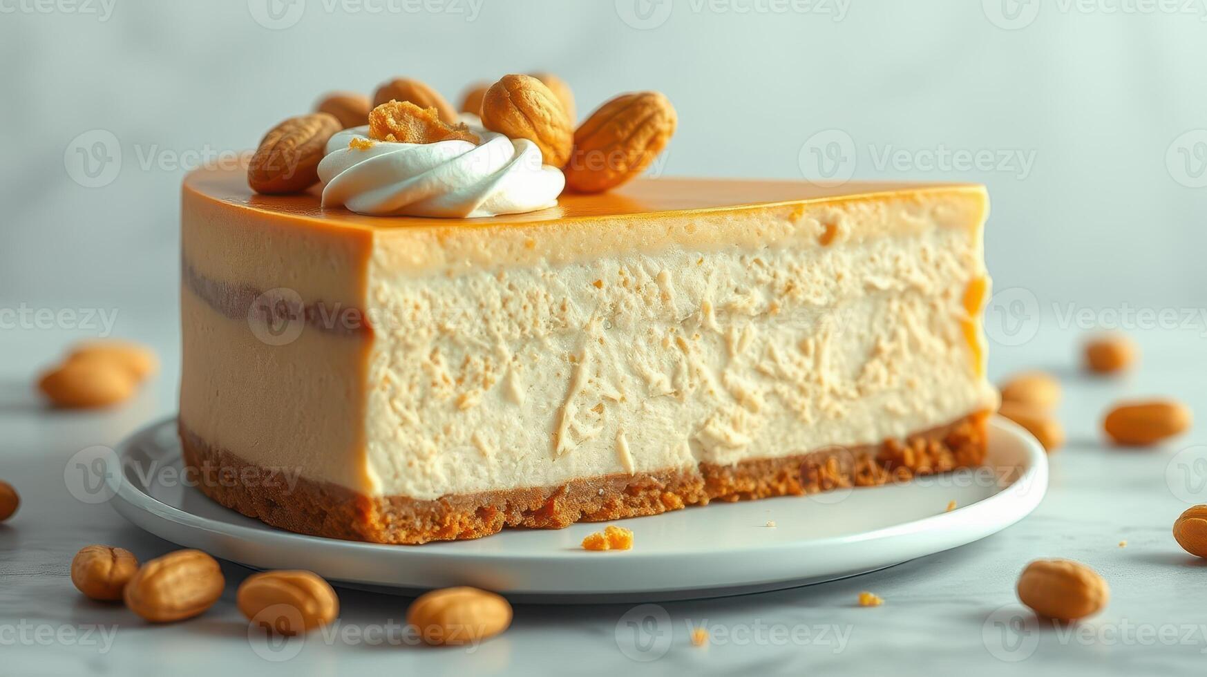 Delightful peanut butter cheesecake on a white plate surrounded by nuts photo