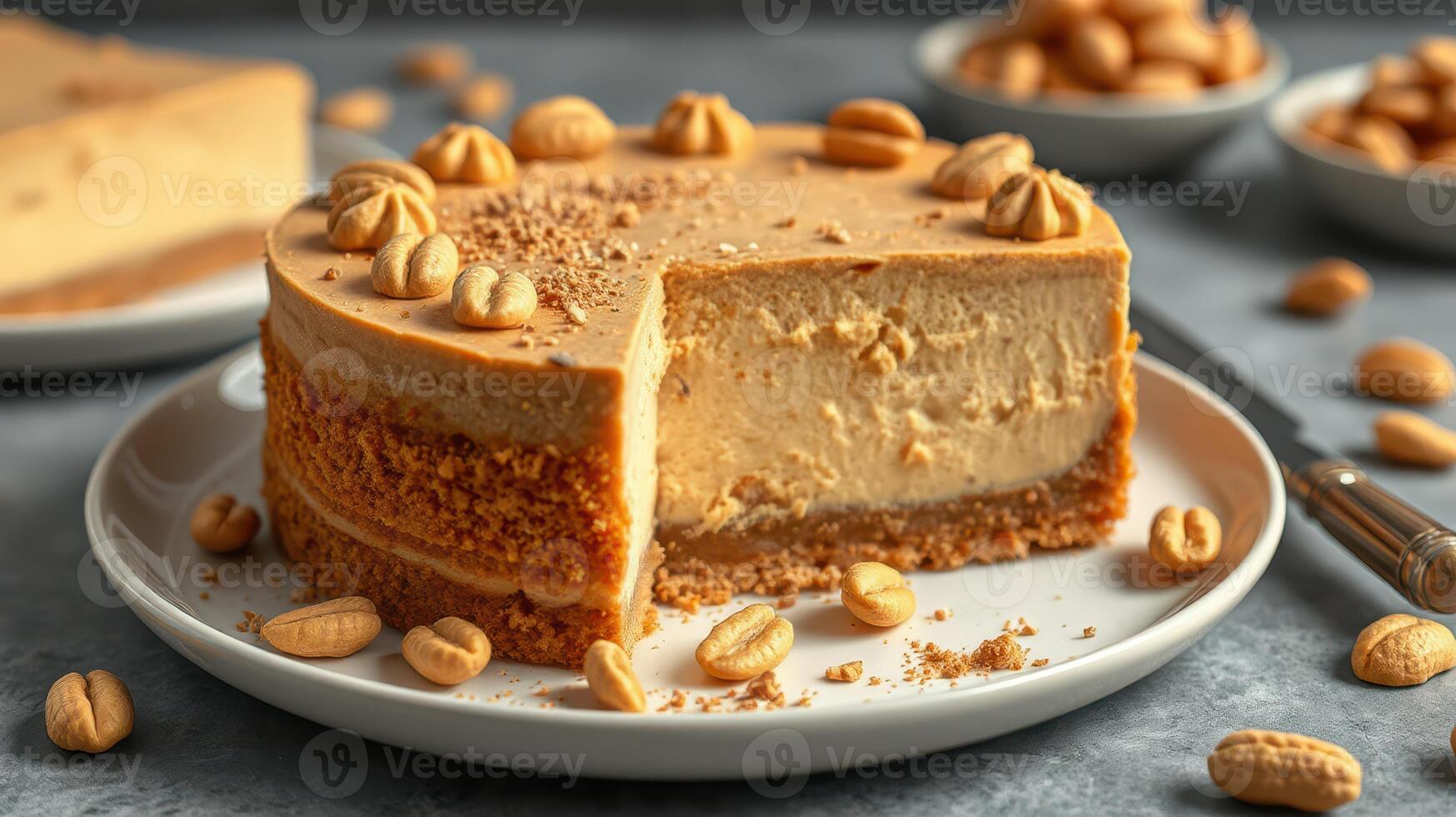 Delicious dessert featuring a creamy nut-flavored cake topped with nuts and scattered snacks around the plate photo