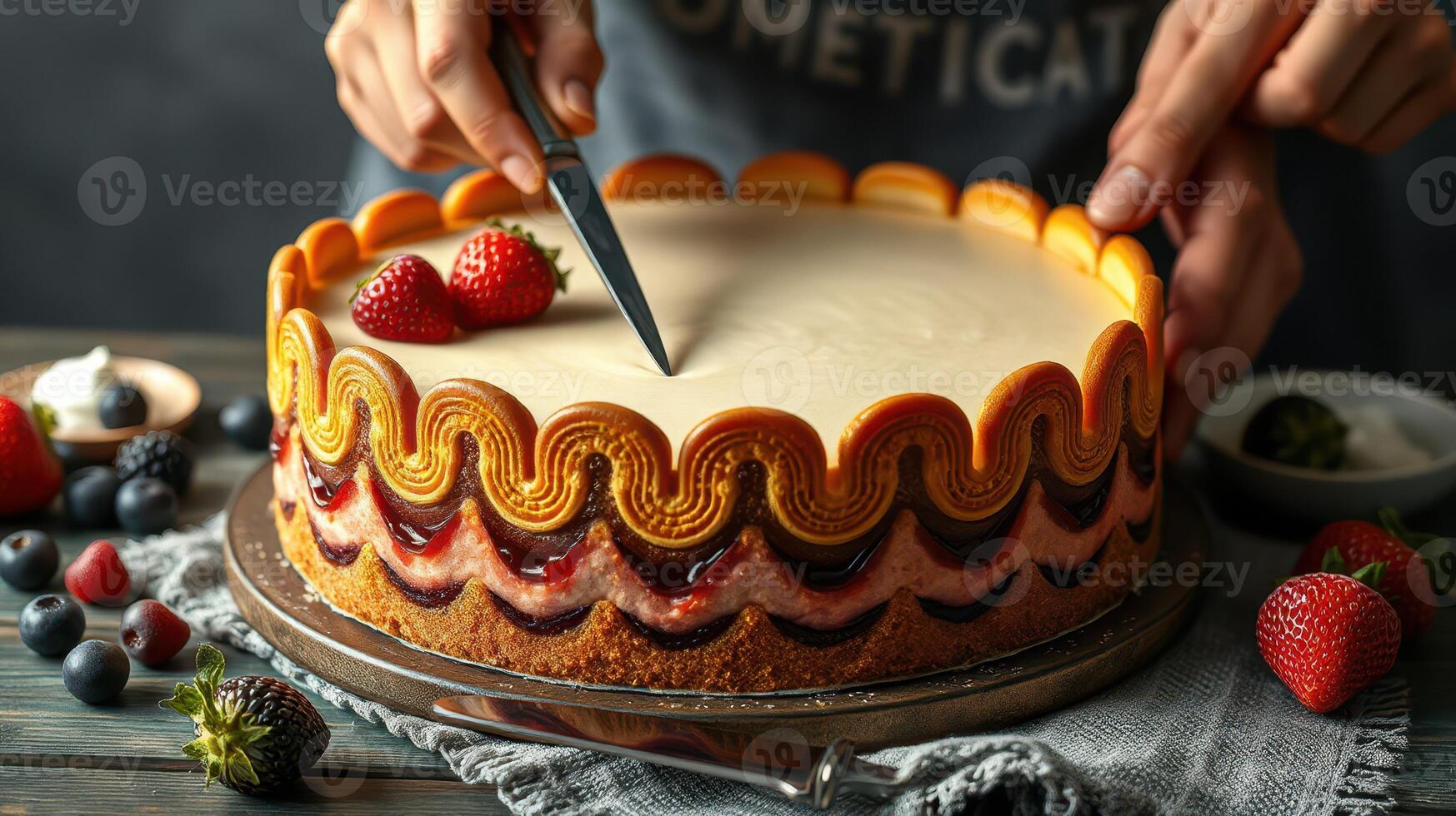 Expert baker decorates a vibrant layered cake with fresh fruits at a cozy kitchen setting during the afternoon photo