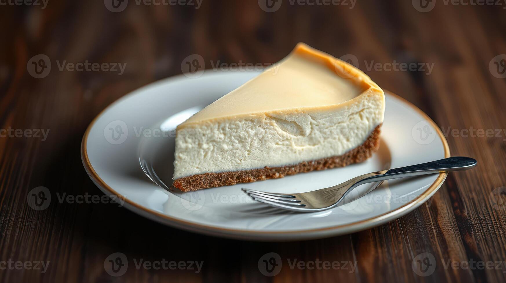 Delicious cheesecake slice served on a white plate with a fork, showcasing creamy texture and golden crust photo
