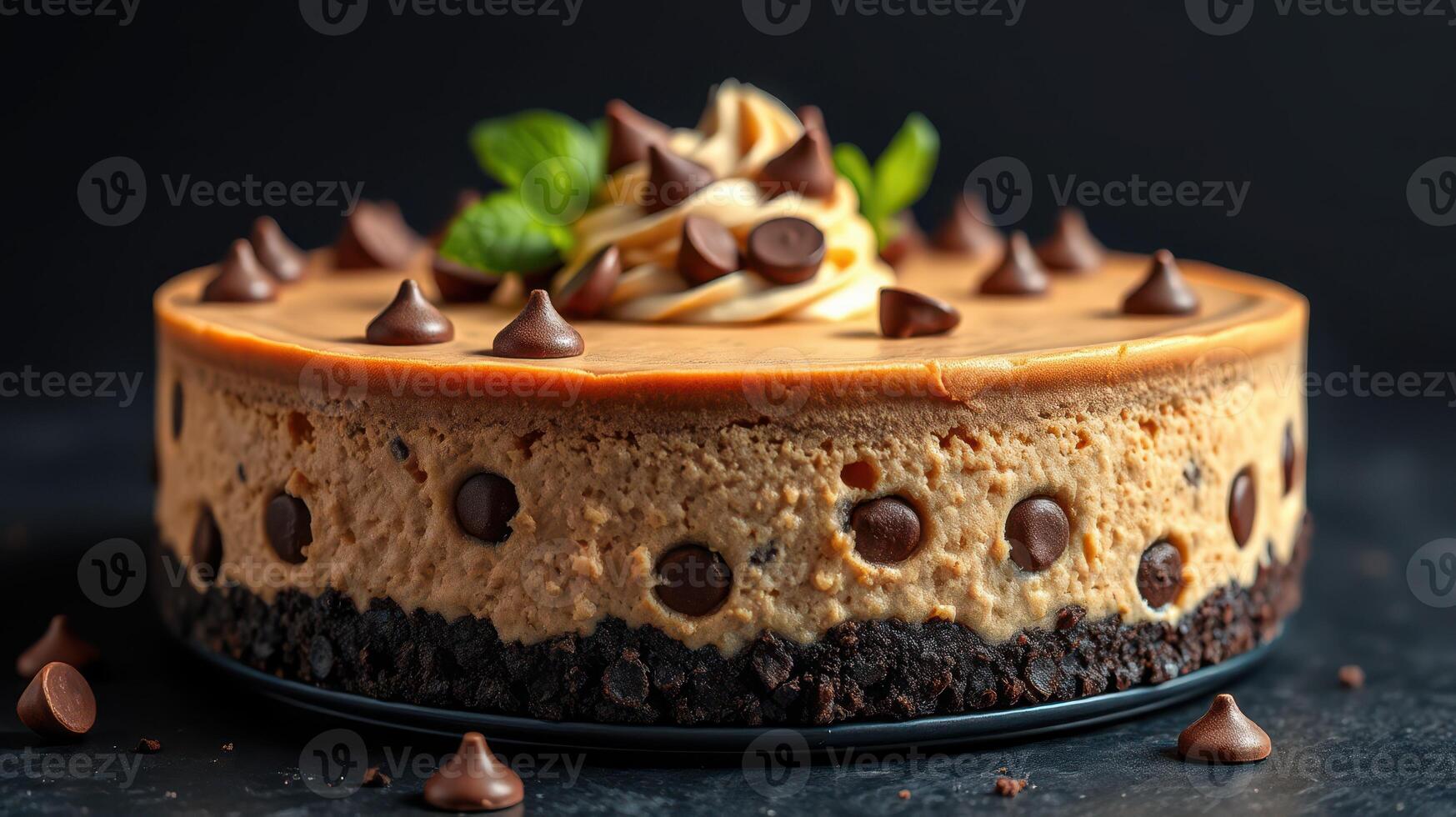 Decadent chocolate chip cheesecake with an Oreo crust and cream topping in a dark setting photo