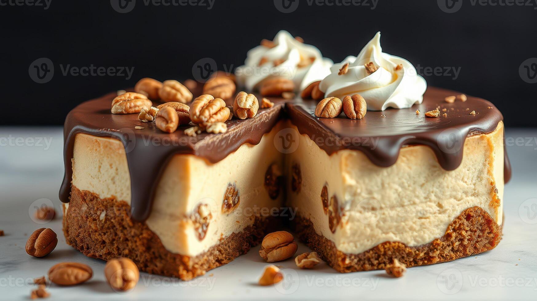 Decadent chocolate-coated cheesecake with nuts and cream on a marble counter photo