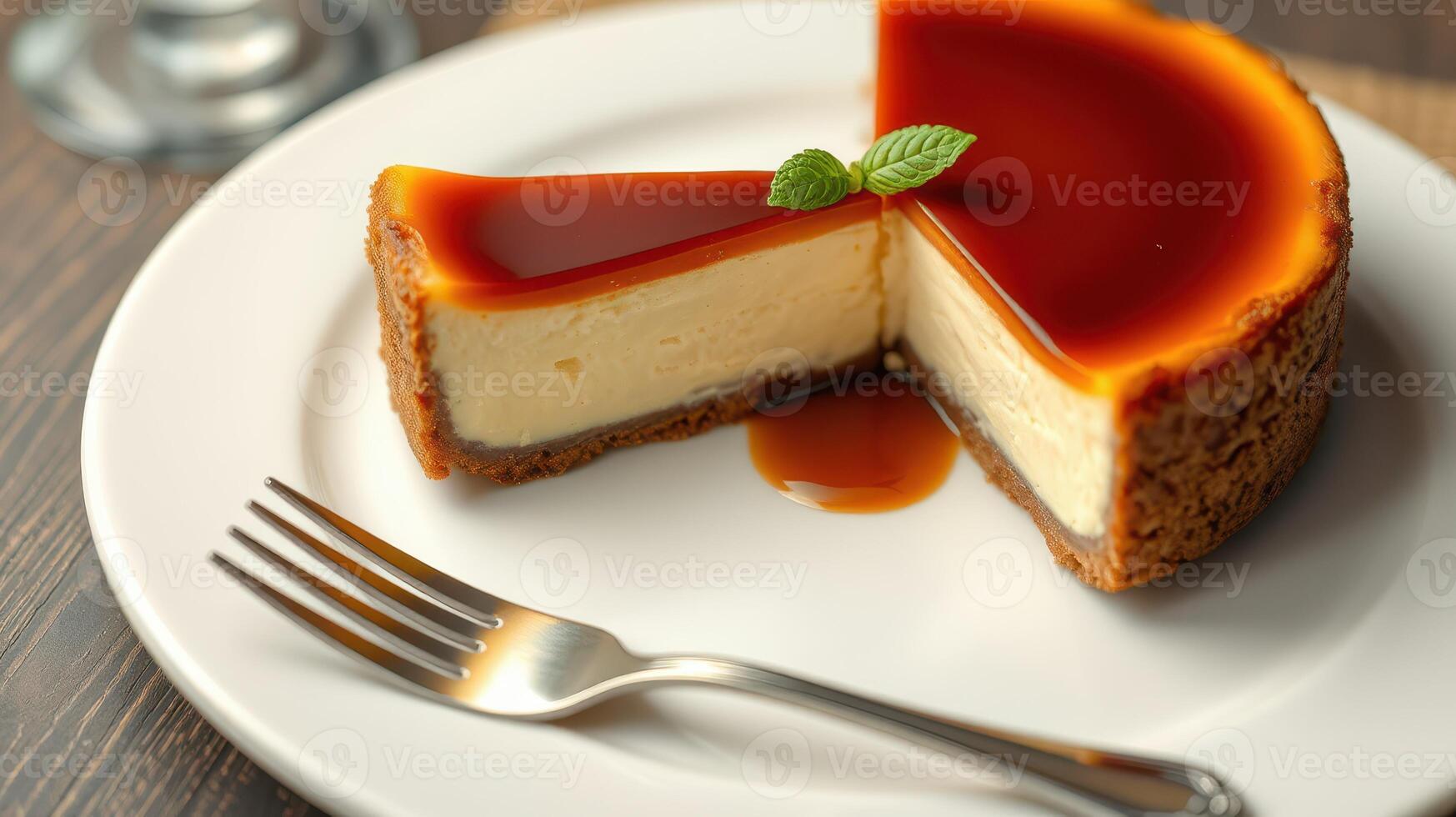 Creamy caramel cheesecake served on a plate with a fork at a cozy cafe setting photo