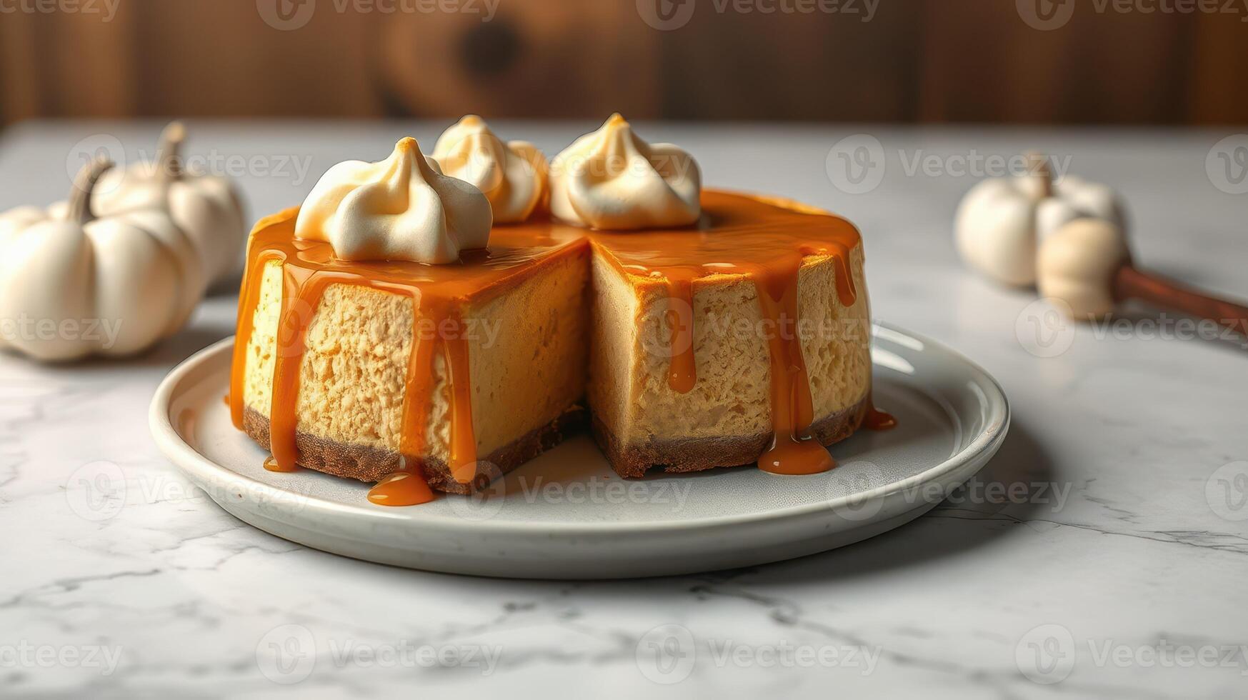 Delicious pumpkin cheesecake topped with whipped cream and caramel sauce on a marble countertop photo