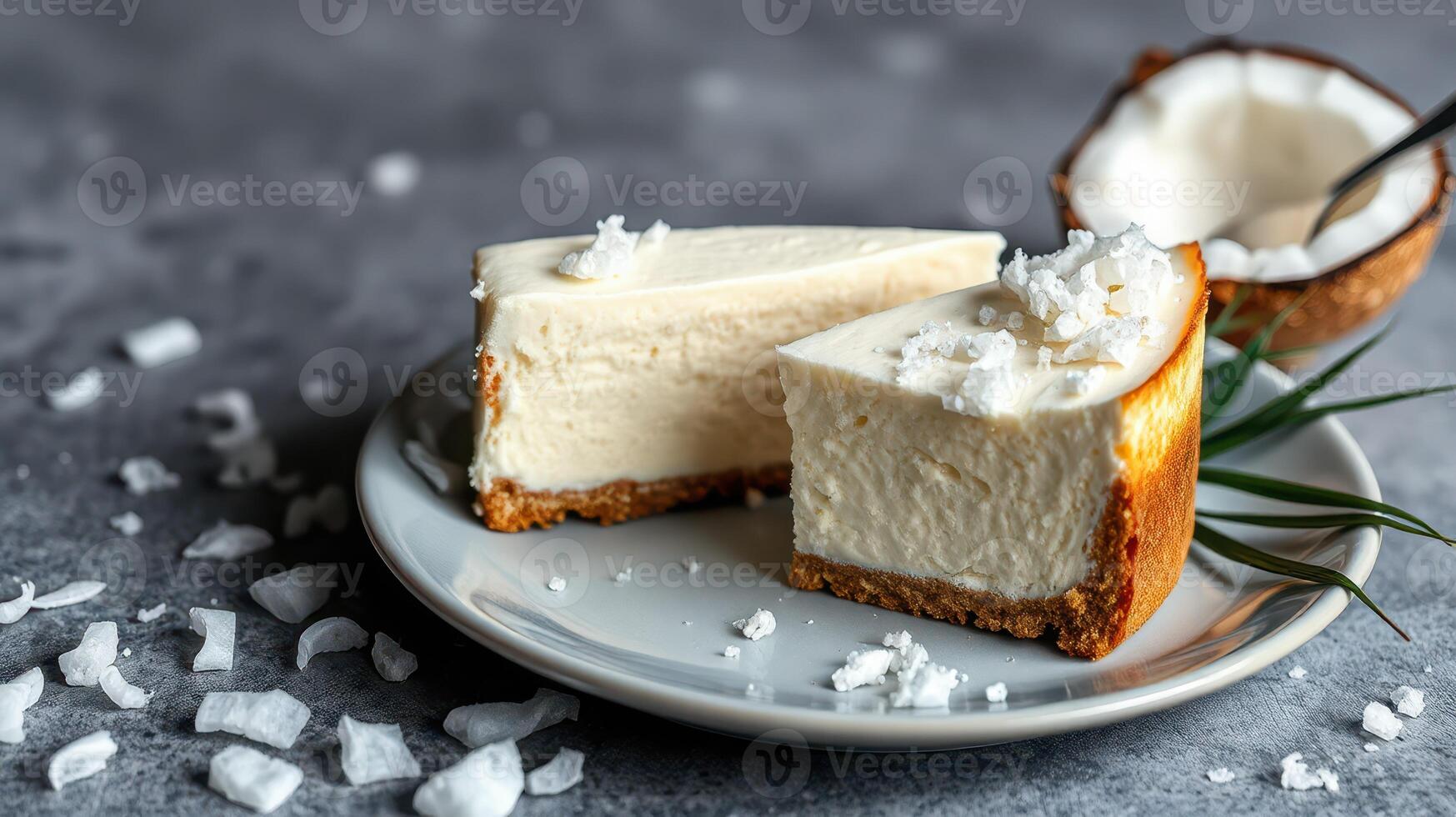 Delicious coconut cheesecake served on a plate with coconut flakes and a silver fork in a cozy setting photo