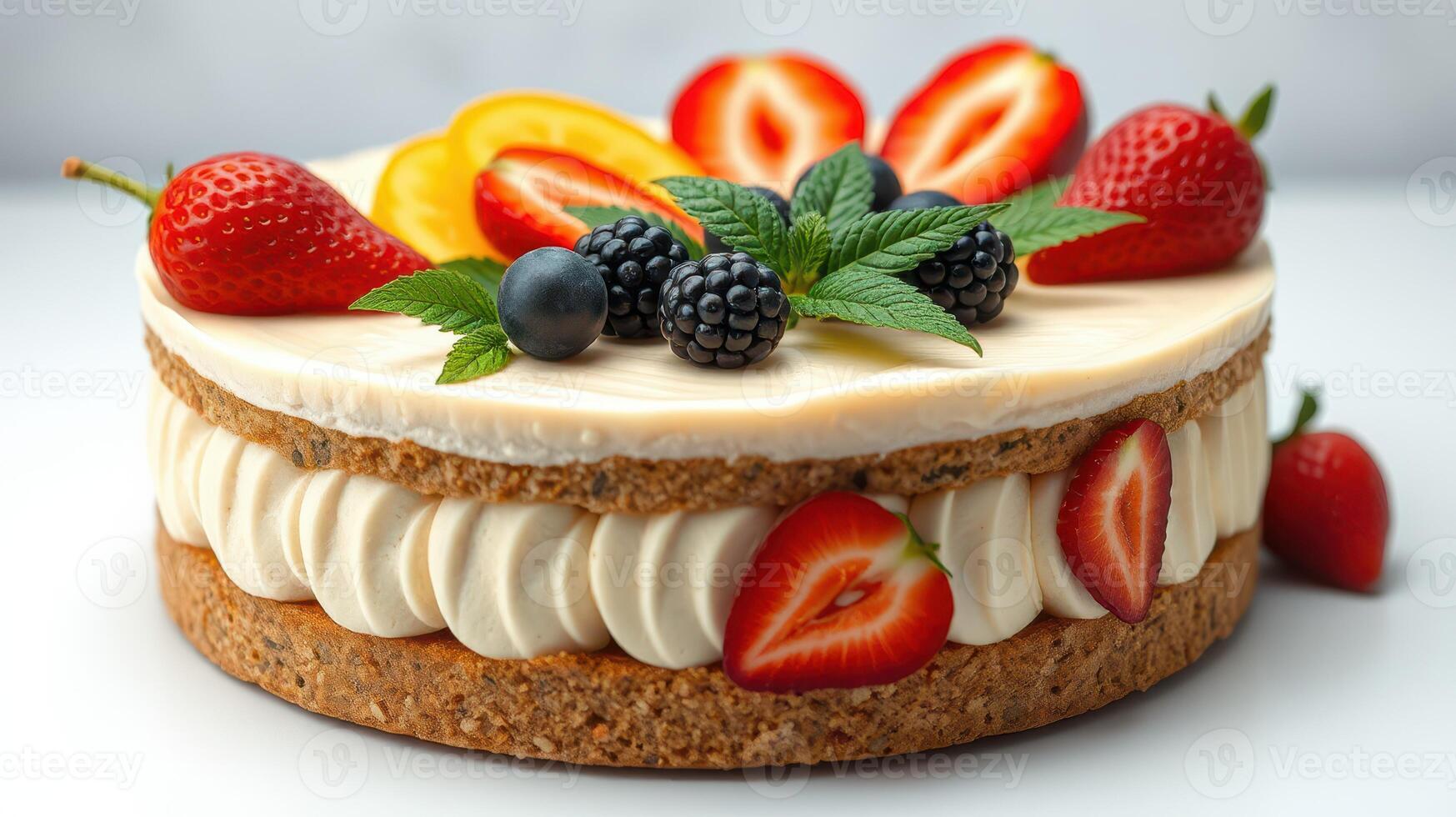 Indulgent dessert featuring assorted fruits and creamy layers on a textured crust photo