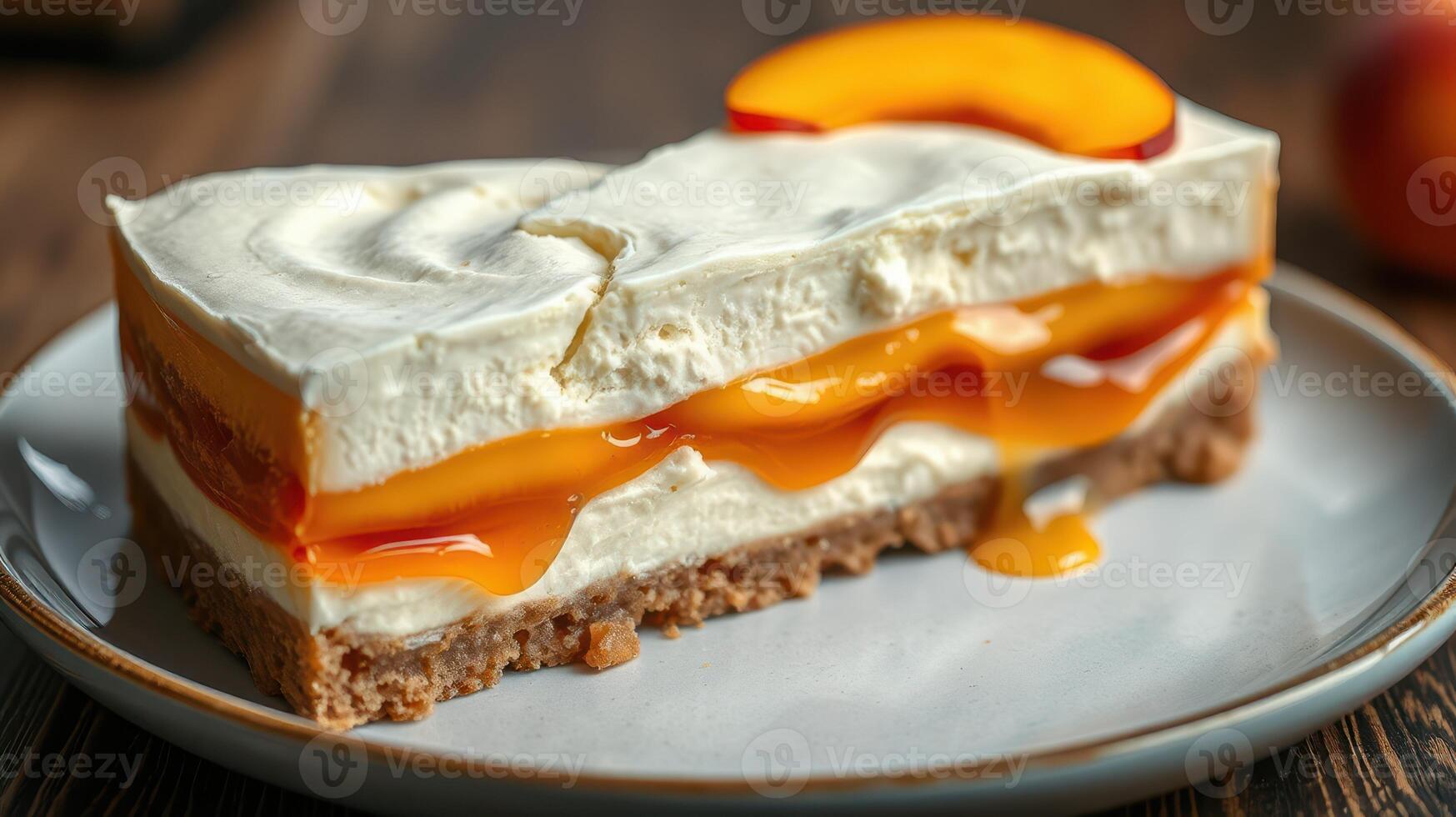 Delicious layered dessert featuring creamy filling and fresh peach slices on a wooden table photo