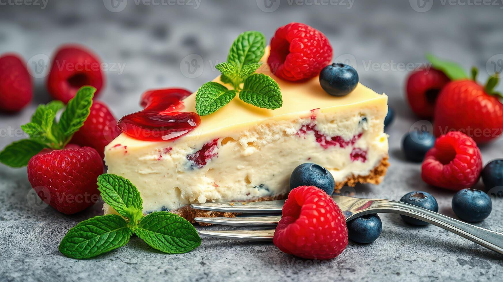 Delicious cheesecake slice topped with raspberry and blueberry garnishes on a textured gray surface photo