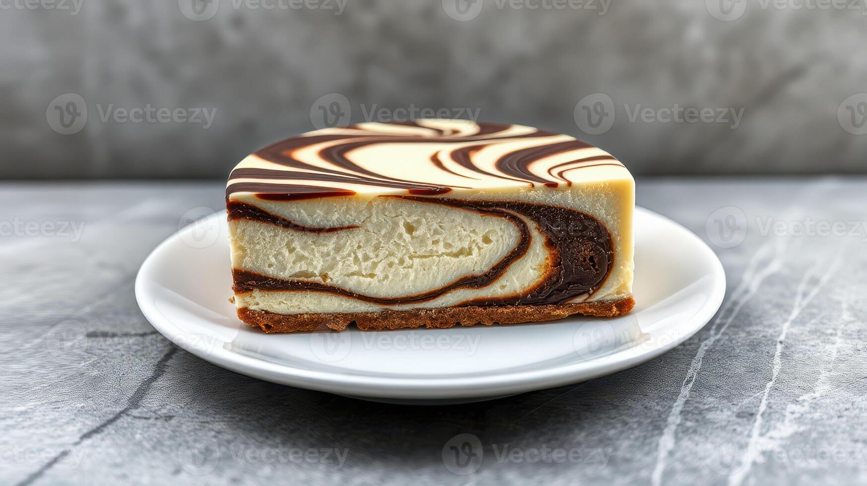 Decadent dessert slice showcasing rich marbled cheesecake on a simple white plate photo