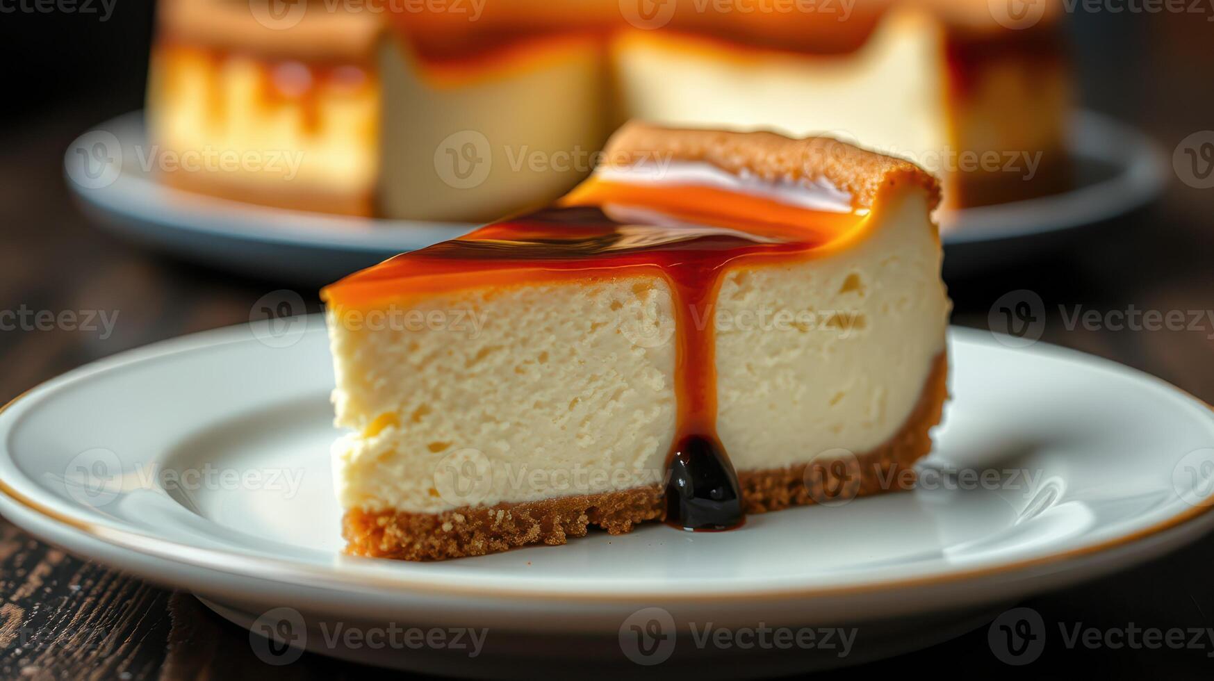 Creamy cheesecake slice topped with caramel sauce on a plate against a blurred background of dessert photo
