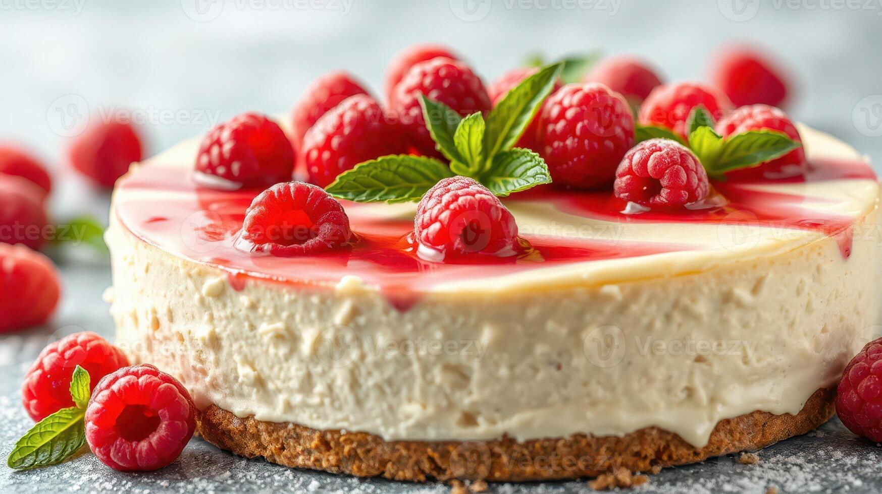 Delicious raspberry cheesecake garnished with fresh berries and mint on a textured background photo