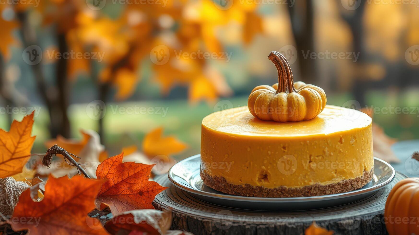 Pumpkin cheesecake set against a backdrop of autumn leaves and golden foliage in a serene outdoor setting photo
