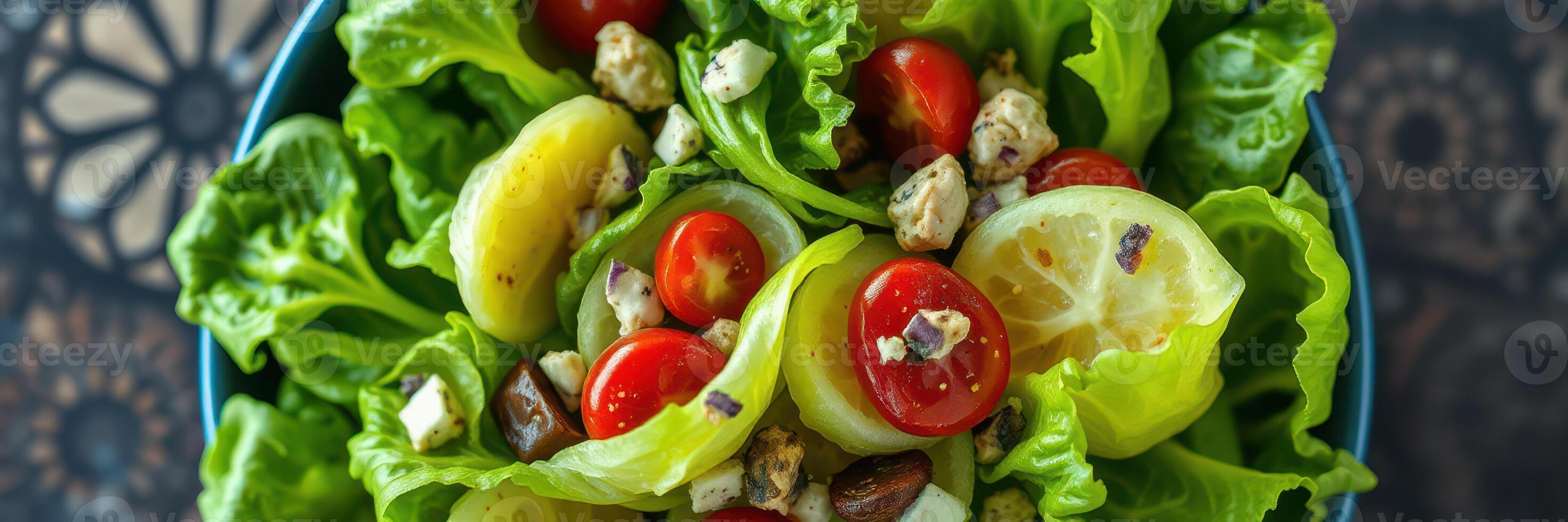 Fresh vegetable salad with lettuce, tomatoes, cucumbers, and nuts served in a blue bowl on a patterned tablecloth photo