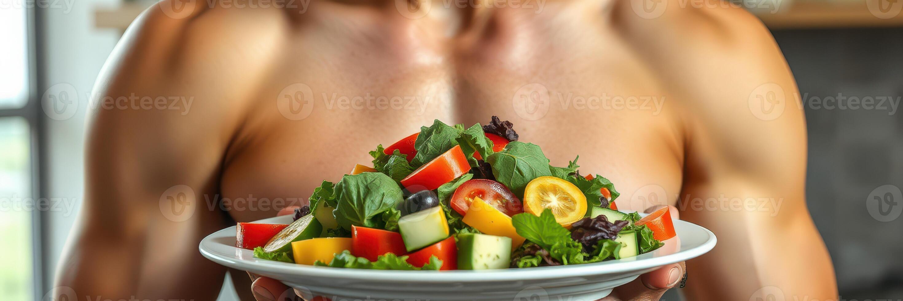 Healthy meal preparation with a muscular man holding a vibrant salad in a modern kitchen photo