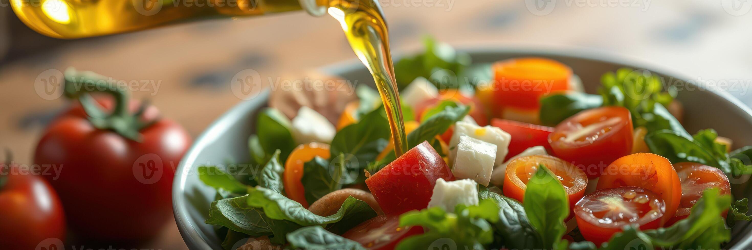 Fresh salad preparation with cherry tomatoes, feta cheese, and olive oil drizzle photo