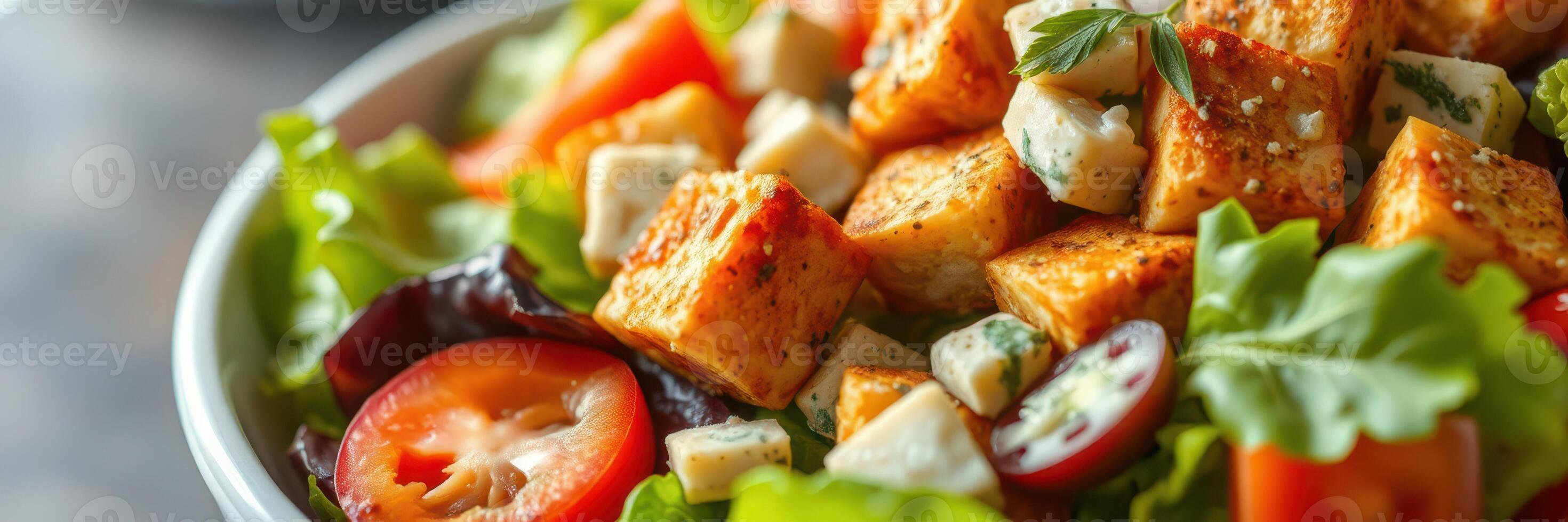 Fresh salad with grilled tofu and colorful vegetables served on a wooden table photo