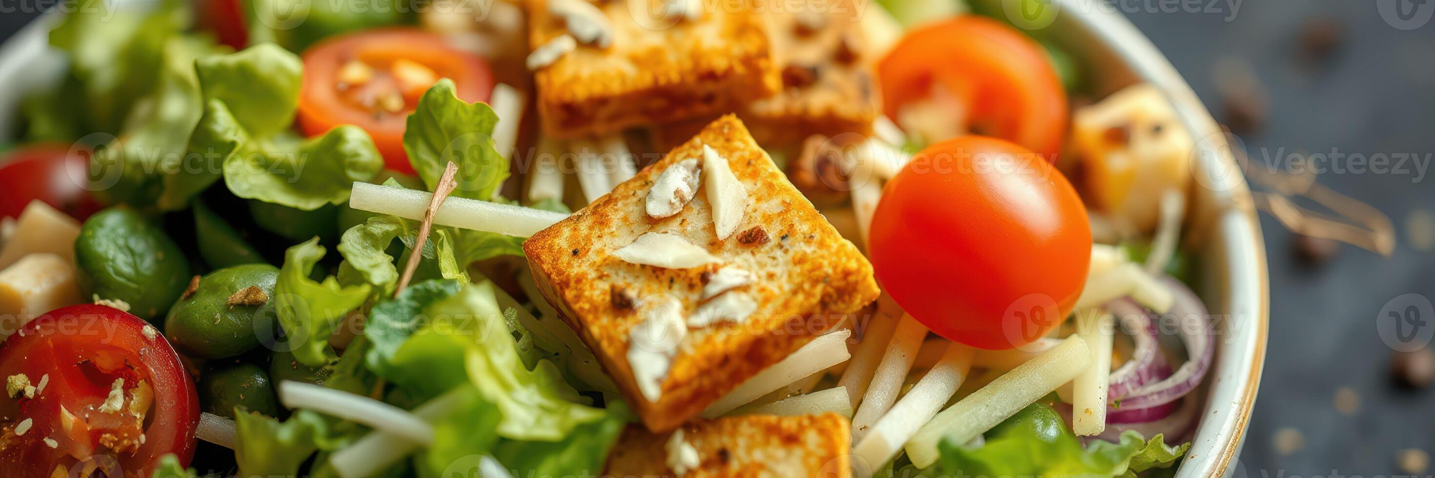Fresh salad with cherry tomatoes, lettuce, and crunchy toppings served in a bowl for a healthy meal option photo