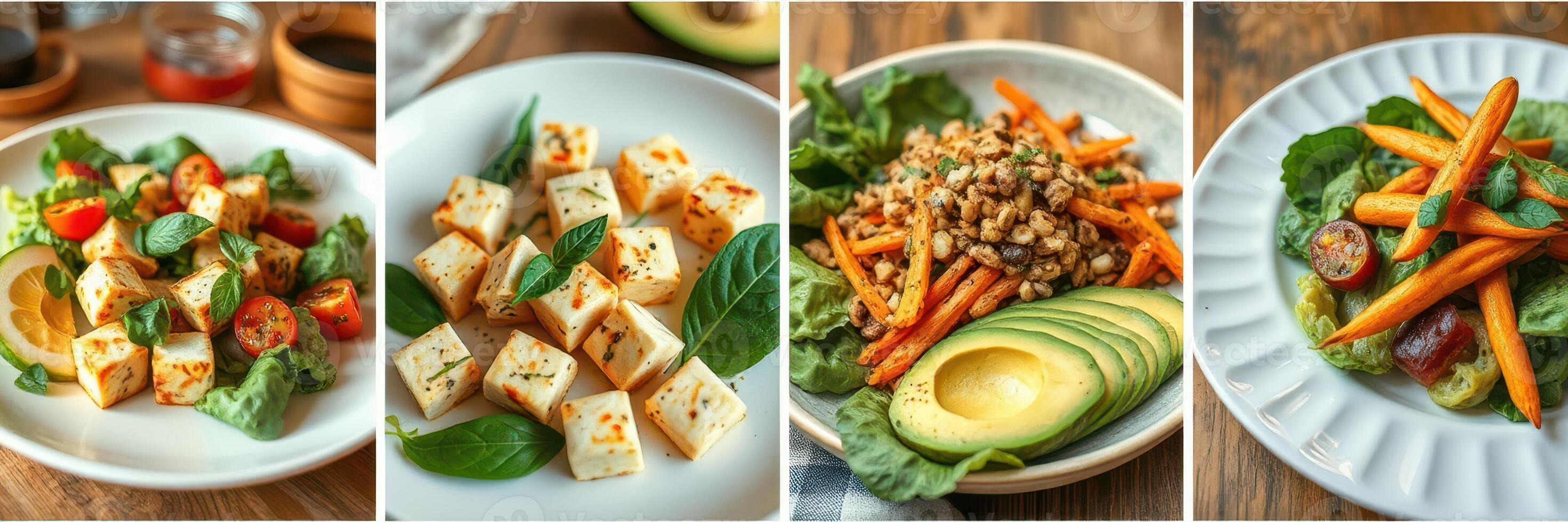 Delicious healthy salad variety featuring avocados, tofu, and fresh vegetables served on rustic wooden table photo