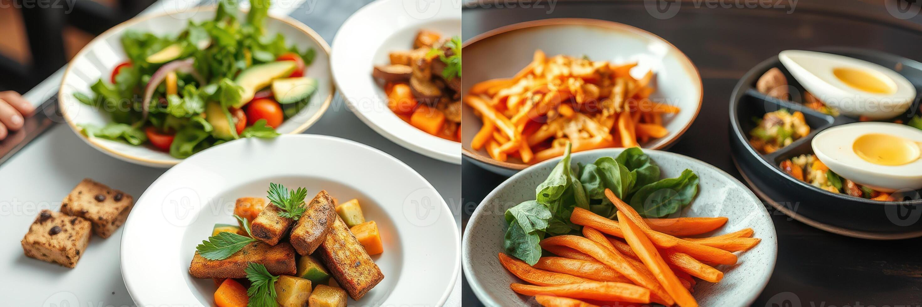 Delightful assortment of colorful and healthy dishes served on a wooden table at a cozy restaurant during lunchtime photo