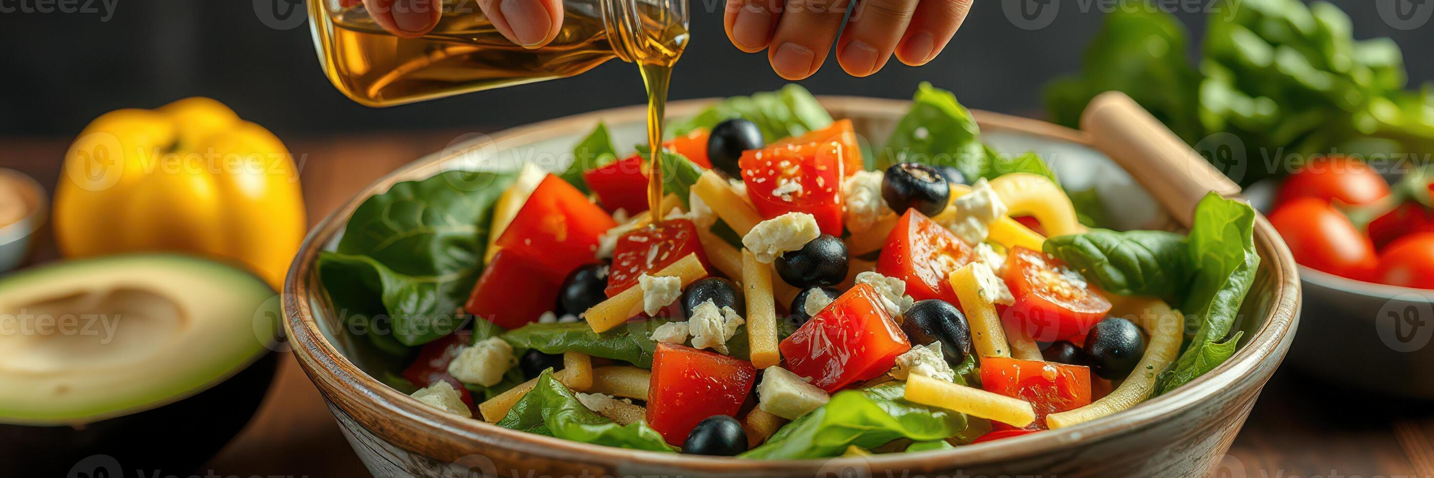 Colorful vegetable salad preparation with olive oil drizzle and fresh ingredients at a rustic kitchen table photo
