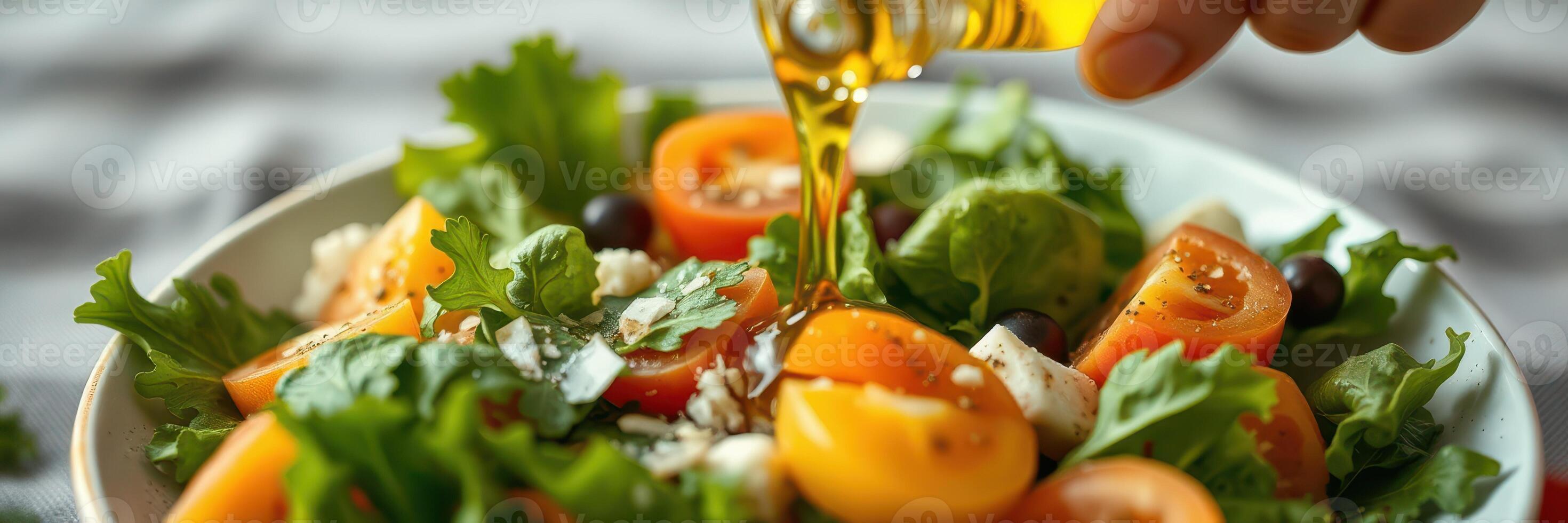 Fresh salad preparation with cherry tomatoes and greens enhanced by olive oil drizzle photo
