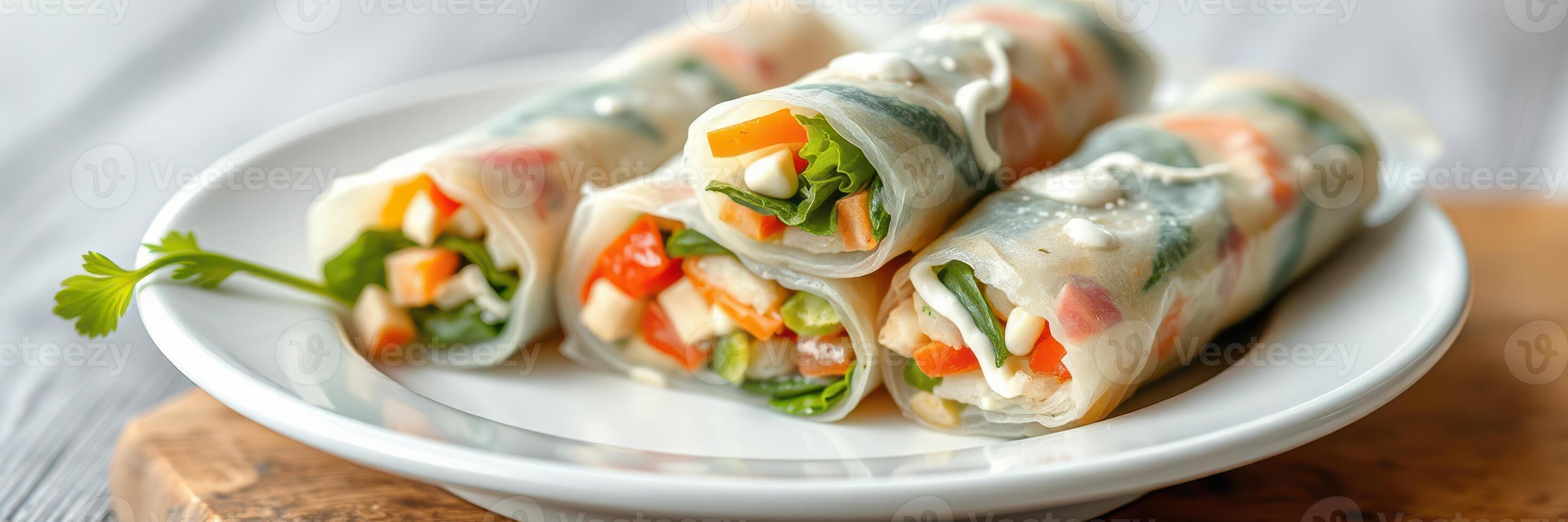 Fresh vegetable spring rolls served on a white plate with vibrant colors and textures captured in a bright kitchen setting photo
