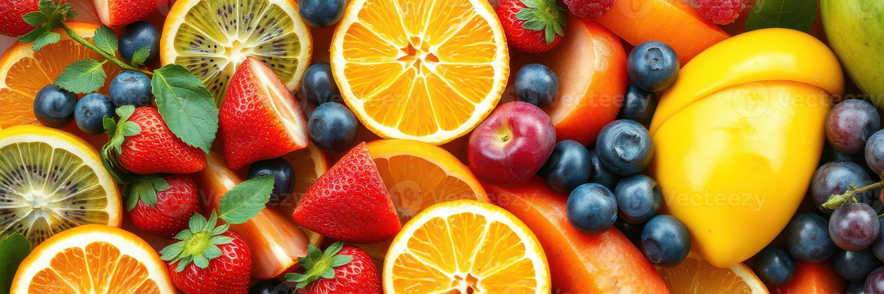 Colorful arrangement of fresh assorted fruits showcasing vibrant textures and flavors in a lively display photo