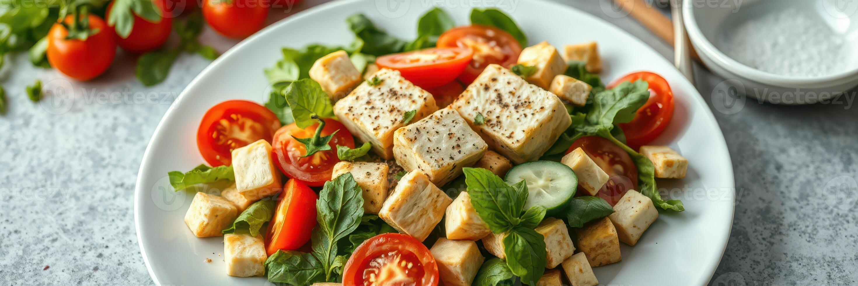 Fresh salad with tomatoes, cucumber, and garnished tofu served on a white plate photo