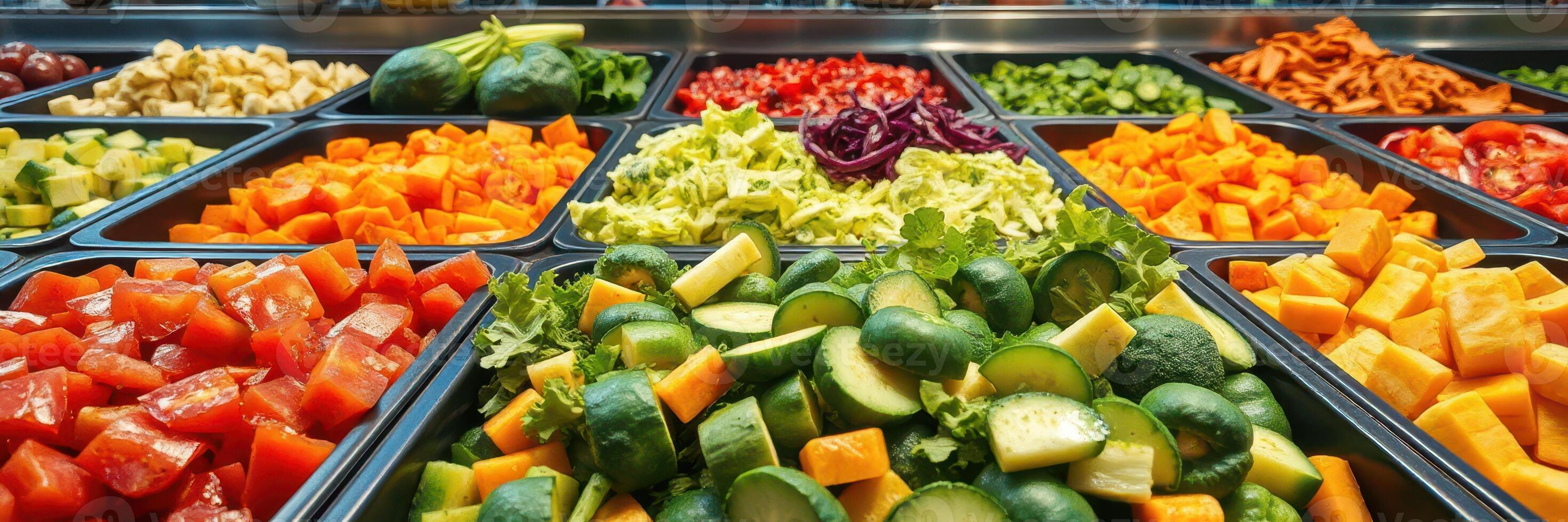 Freshly prepared salad bar with a variety of colorful vegetables at a dining location photo