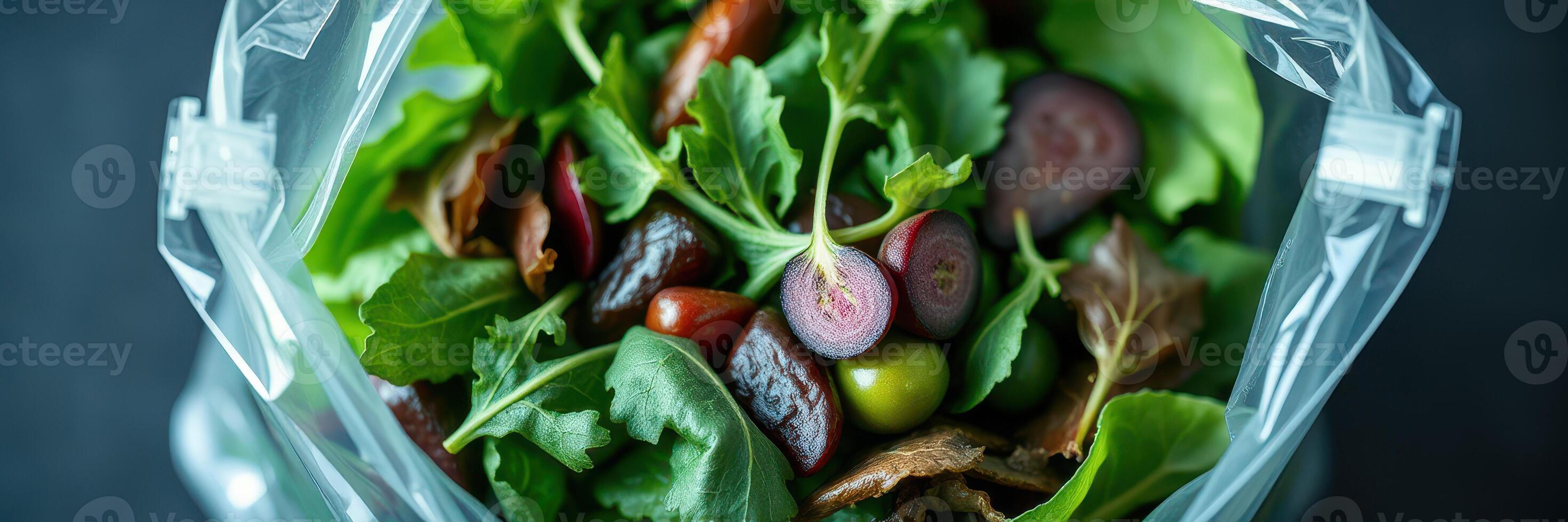 Fresh greens and colorful vegetables blended for a nutritious salad dressing in a kitchen setting photo
