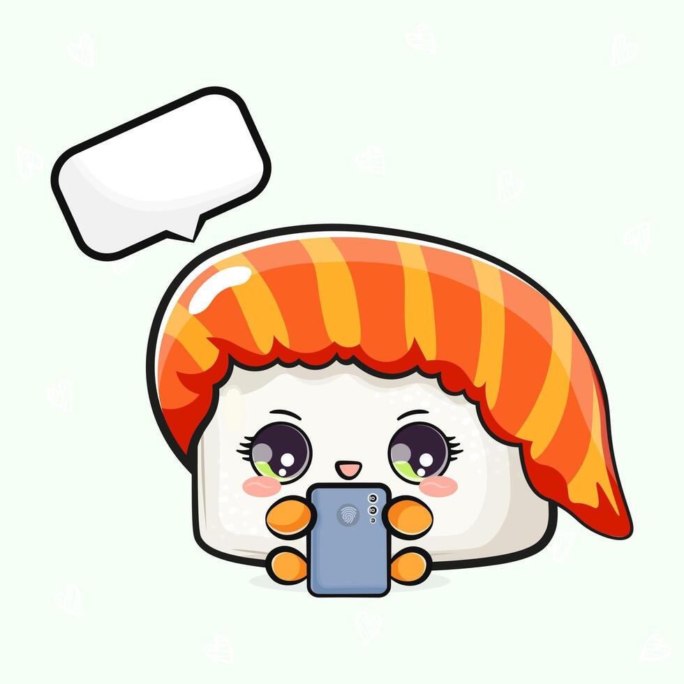 Sushi with a smartphone in hand. hand drawn cartoon kawaii character illustration icon. Isolated on light green background. Sushi character concept vector