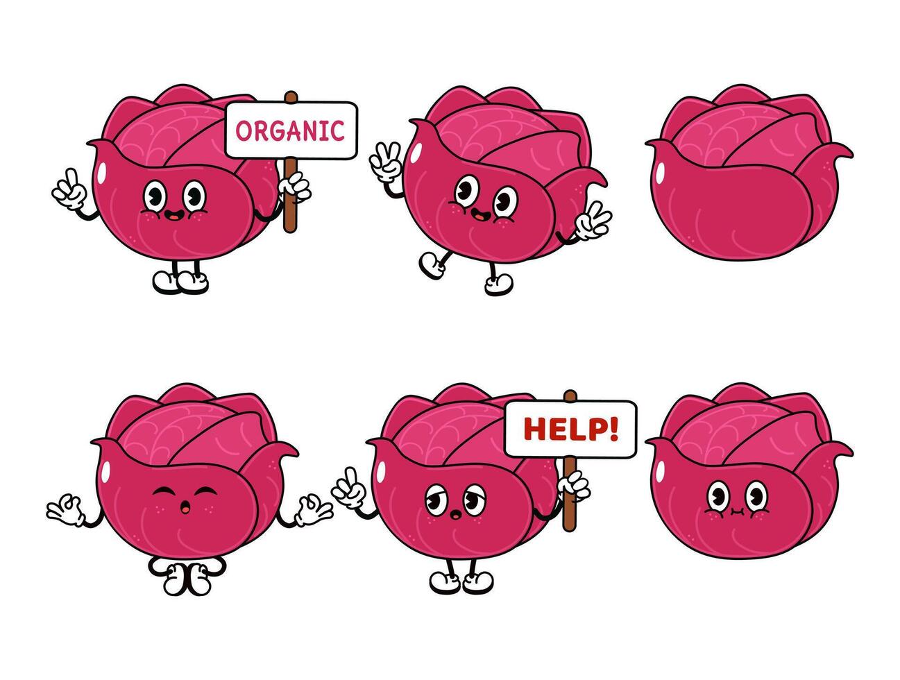 Funny cute Red Cabbage characters bundle set. hand drawn doodle style traditional cartoon vintage, retro character illustration design. Isolated white background. Happy Red Cabbage vector