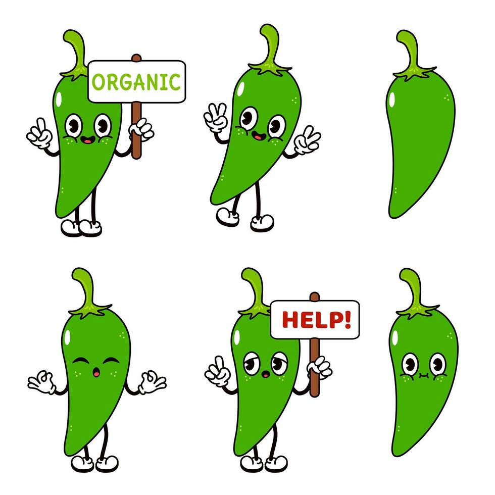 Funny cute Chili pepper characters bundle set. hand drawn doodle style traditional cartoon vintage, retro character illustration design. Isolated white background. Happy Chili pepper vector