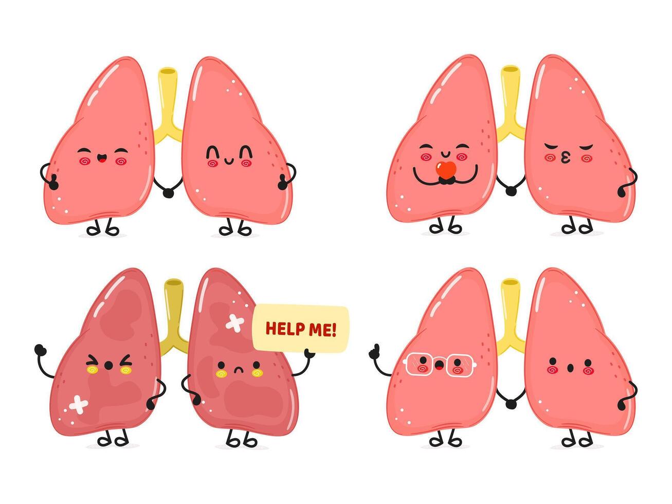 Funny Lungs characters bundle set. hand drawn doodle style cartoon character illustration icon design. Cute Lungs mascot character collection vector