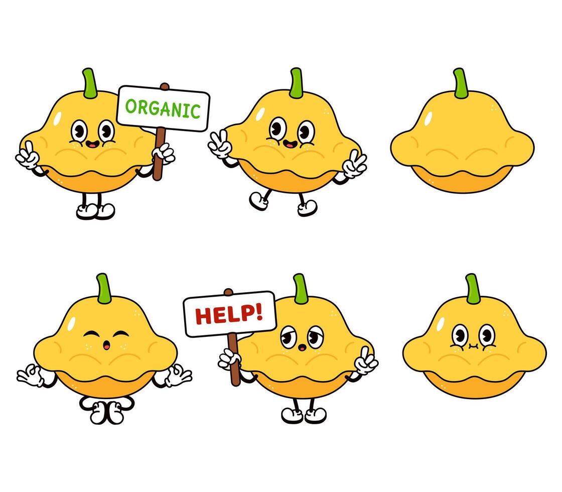 Funny cute Yellow squash characters bundle set. hand drawn doodle style traditional cartoon vintage, retro character illustration design. Isolated white background. Happy Yellow squash vector
