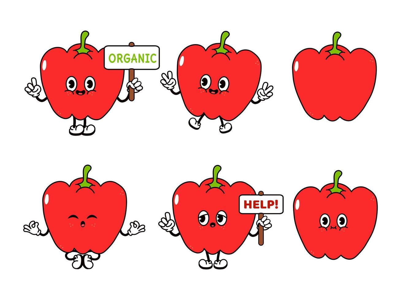 Funny cute Bell pepper characters bundle set. hand drawn doodle style traditional cartoon vintage, retro character illustration design. Isolated white background. Happy Bell pepper vector