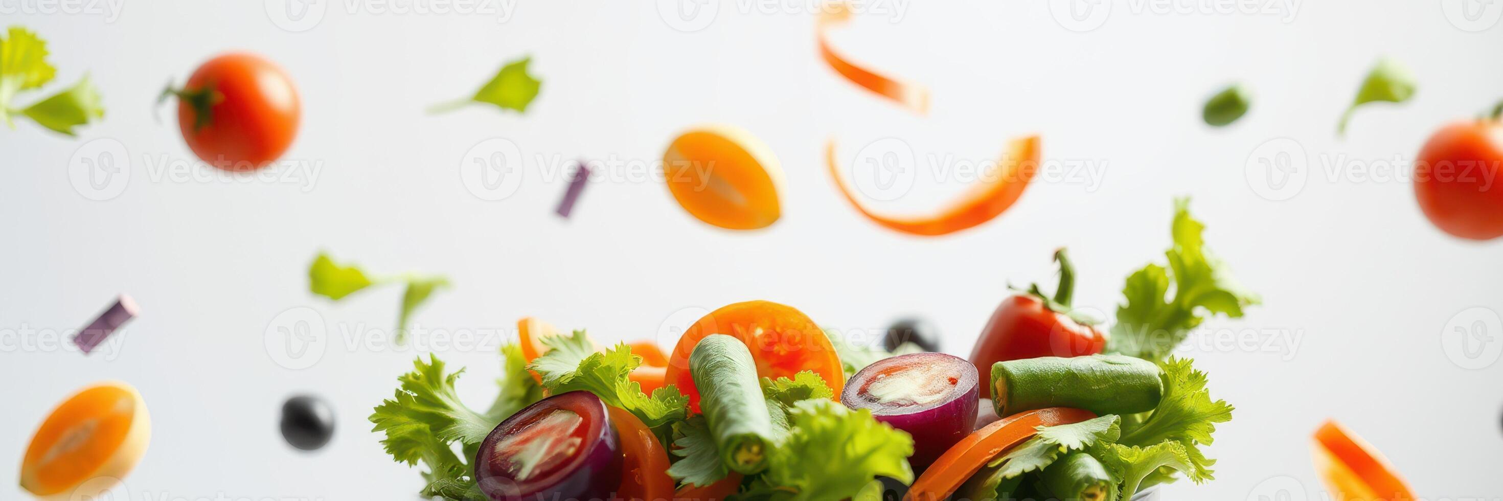 Fresh vegetables flying overhead as a colorful salad takes center stage in a vibrant kitchen during daylight photo